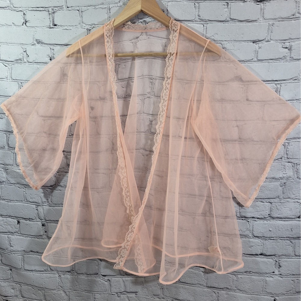 Vtg 70s Made In California Pink Chiffon Boudoir Short Robe Sz M Lace Trim Nylon